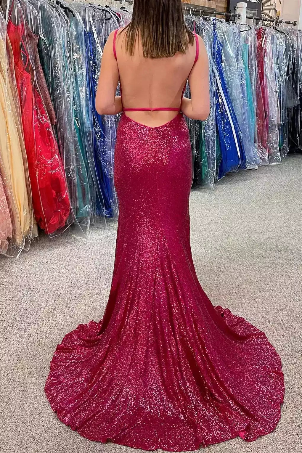 Dazzling Burgundy Sequin Mermaid Gown with Deep V-Neckline & Open Back