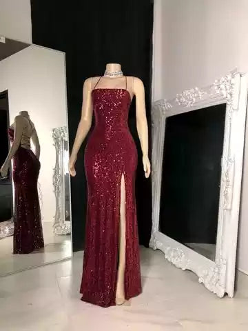 Dazzling Burgundy Sequin Mermaid Gown with Halter Neck & High Slit