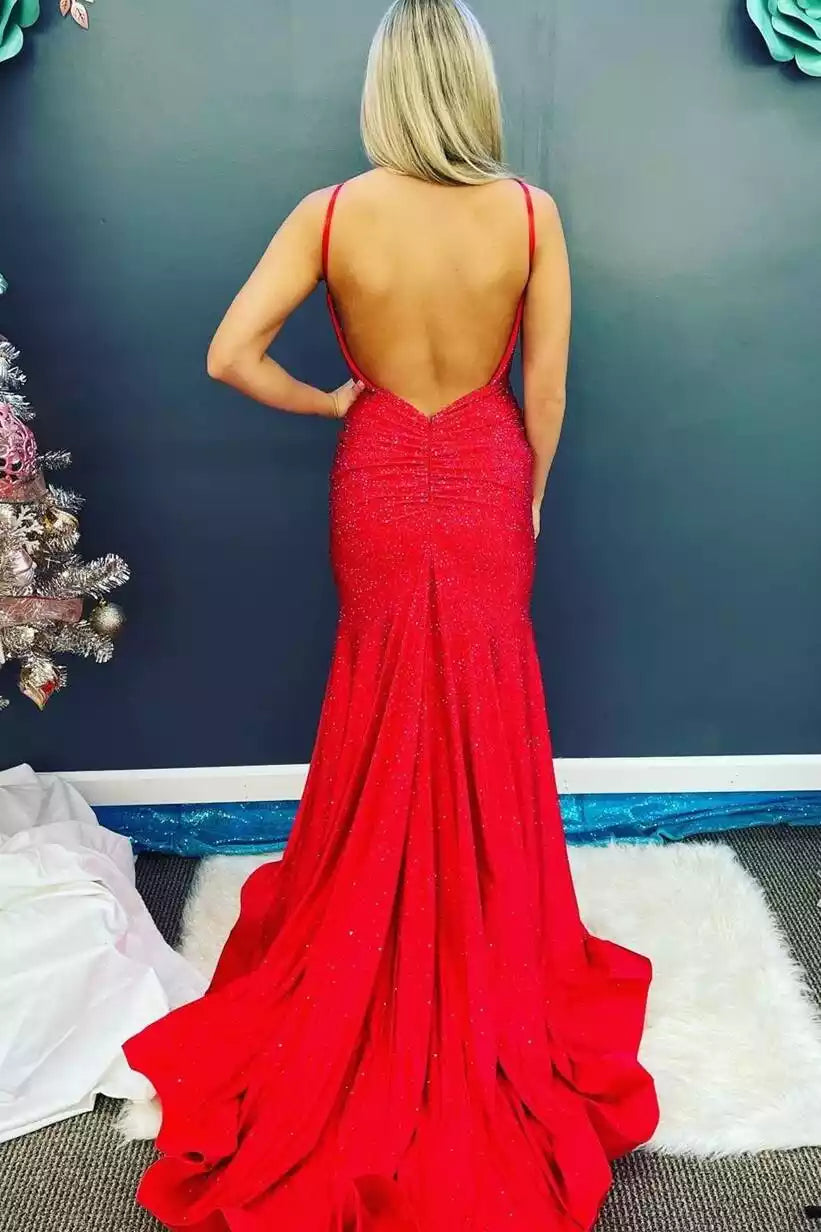Dazzling Crimson Sequin Mermaid Gown with Deep V-Neckline & Open Back