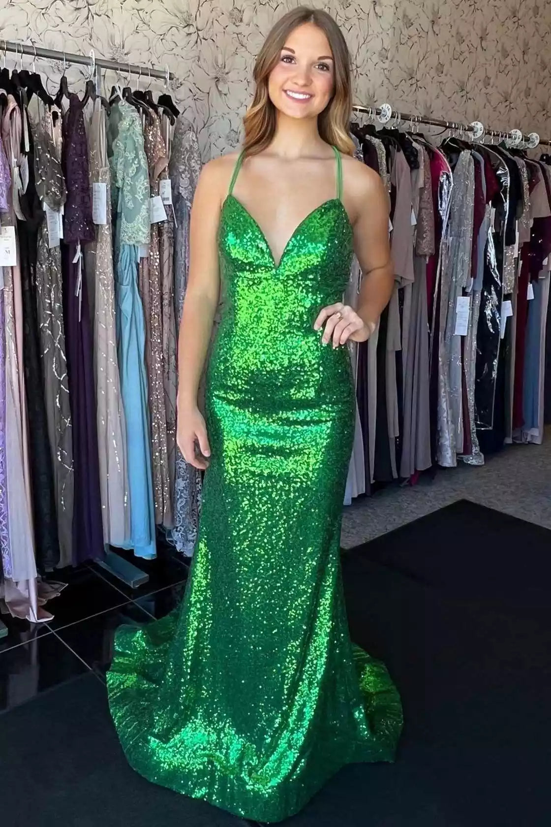 Dazzling Emerald Sequin Mermaid Gown with Crisscross Back & Deep V-Neckline