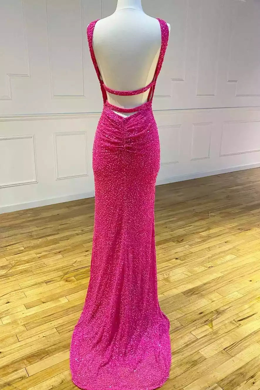 Dazzling Hot Pink Sequin Mermaid Gown with Halter Neckline & Double Cutout Back