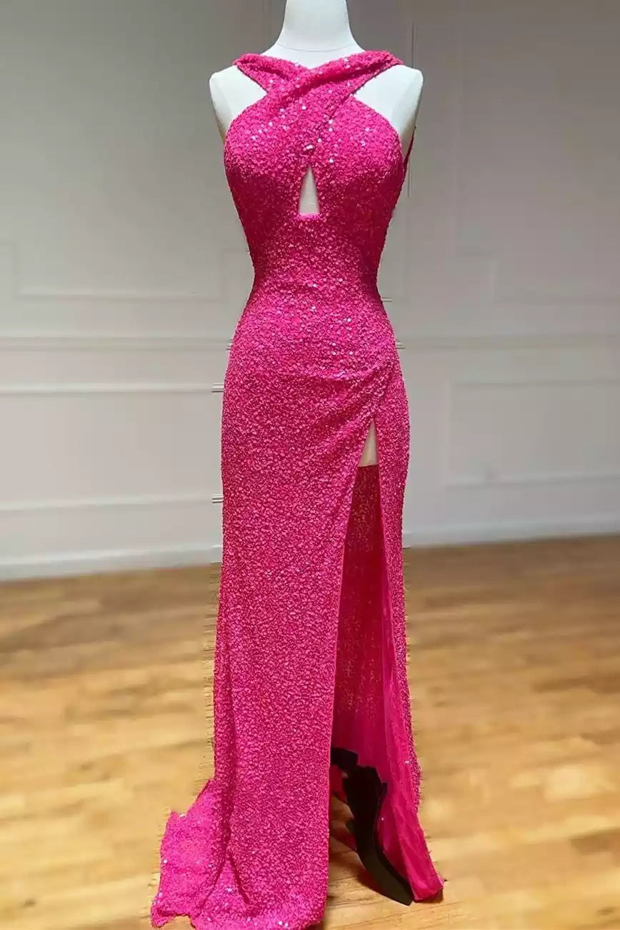 Dazzling Hot Pink Sequin Mermaid Gown with Halter Neckline & Double Cutout Back