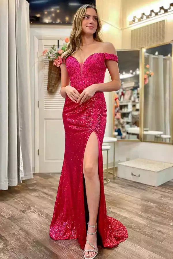 Dazzling Hot Pink Sequin Mermaid Gown with Off-the-Shoulder Neckline & Cut-Out Back