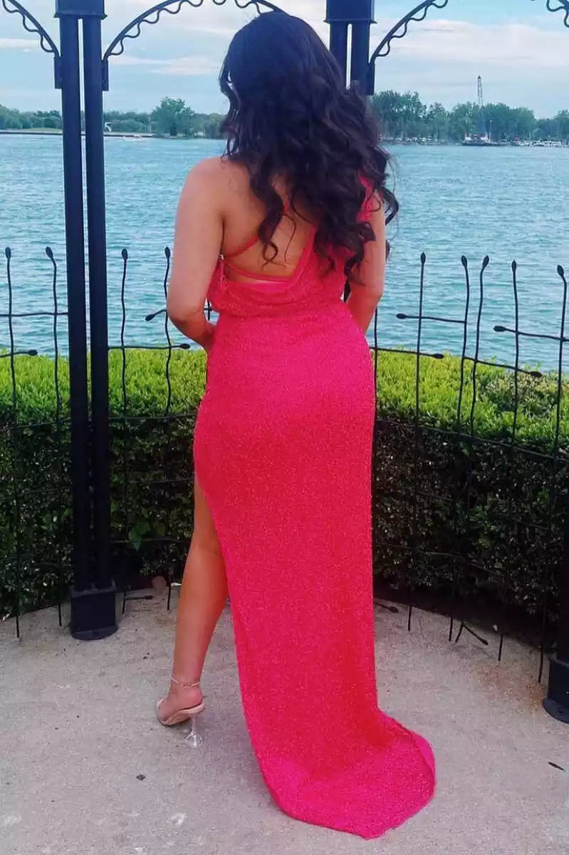 Dazzling Hot Pink Sequin One-Shoulder Gown with High Side Slit