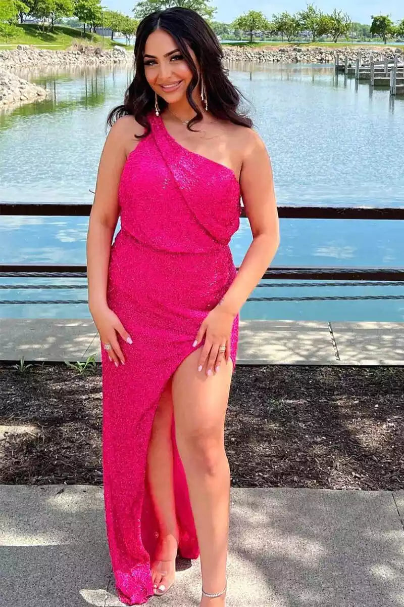Dazzling Hot Pink Sequin One-Shoulder Gown with High Side Slit