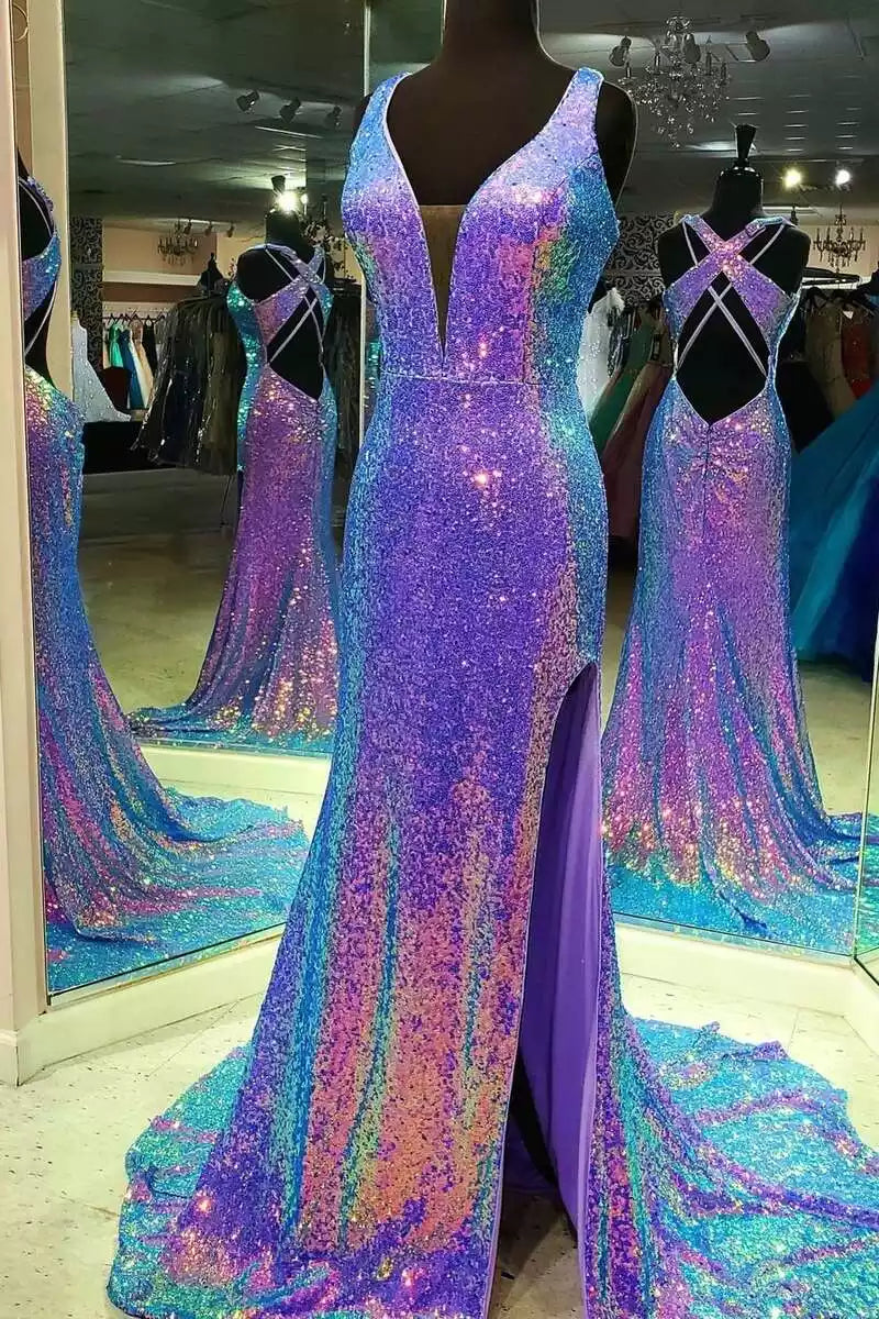 Dazzling Iridescent Sequin Gown with Plunging V-Neck & Cross-Back Train