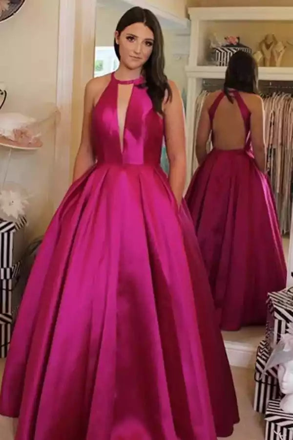 Dazzling Magenta Satin Halter Gown with Ballgown Silhouette