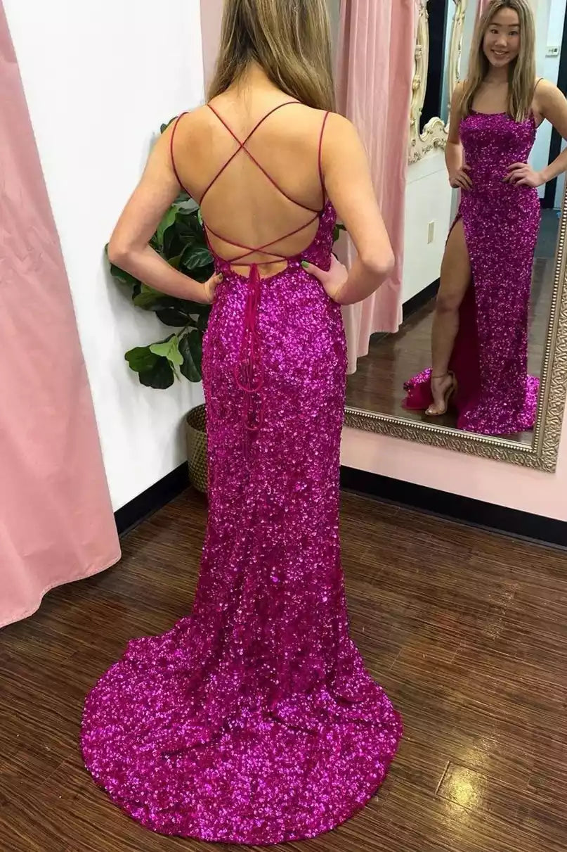 Dazzling Magenta Sequin Mermaid Gown with Crisscross Back & High Side Slit