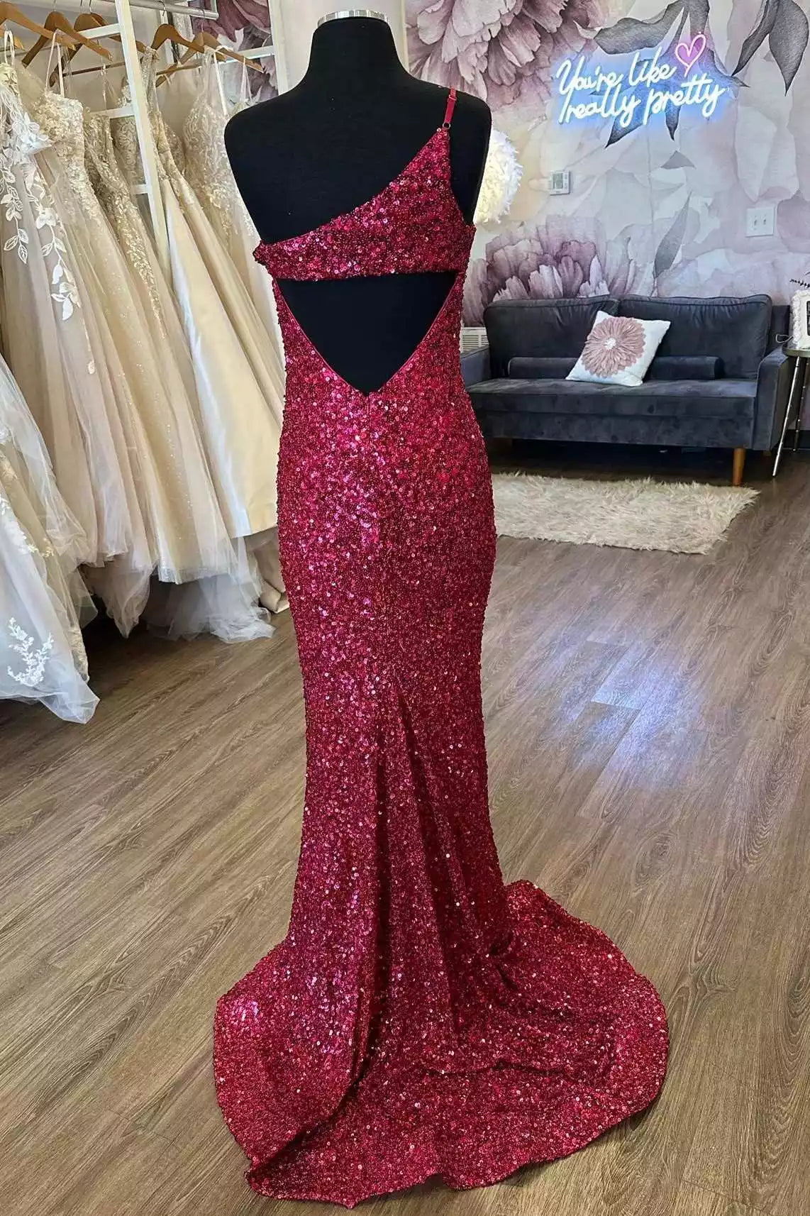 Dazzling Magenta Sequin Mermaid Gown with One-Shoulder Neckline & Cutout Back