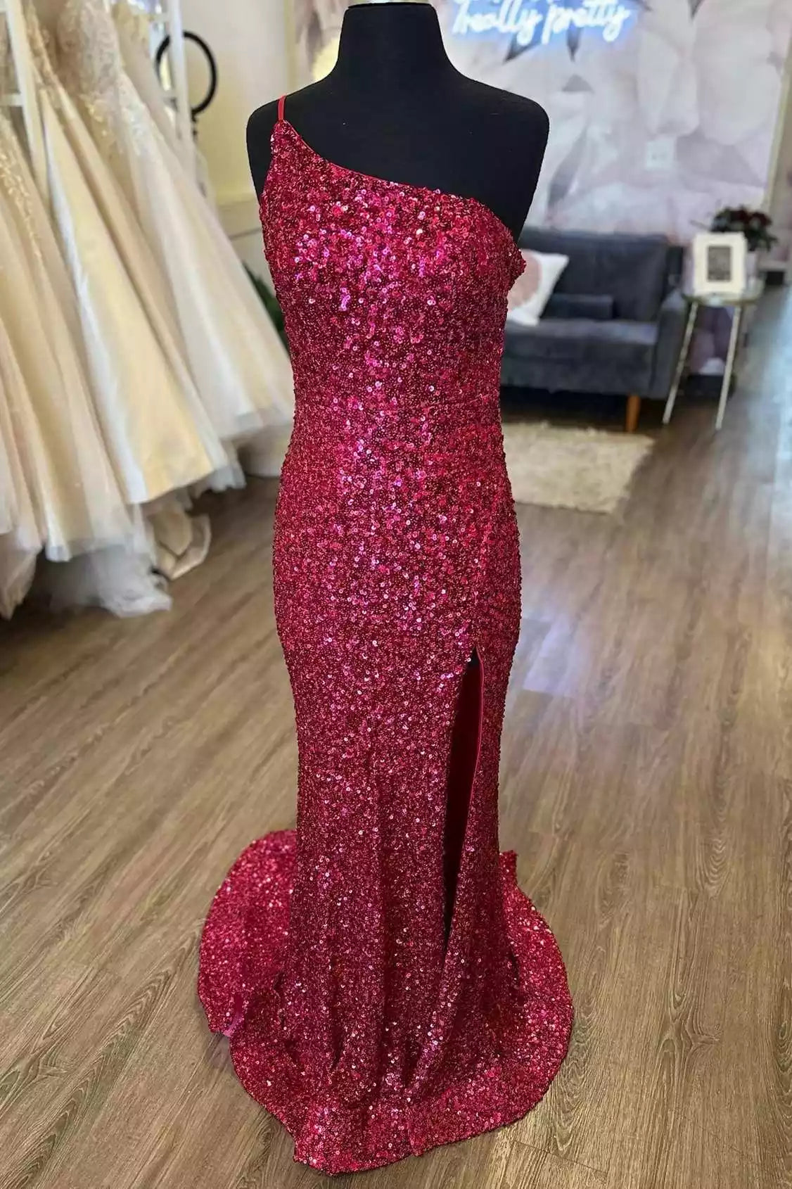 Dazzling Magenta Sequin Mermaid Gown with One-Shoulder Neckline & Cutout Back