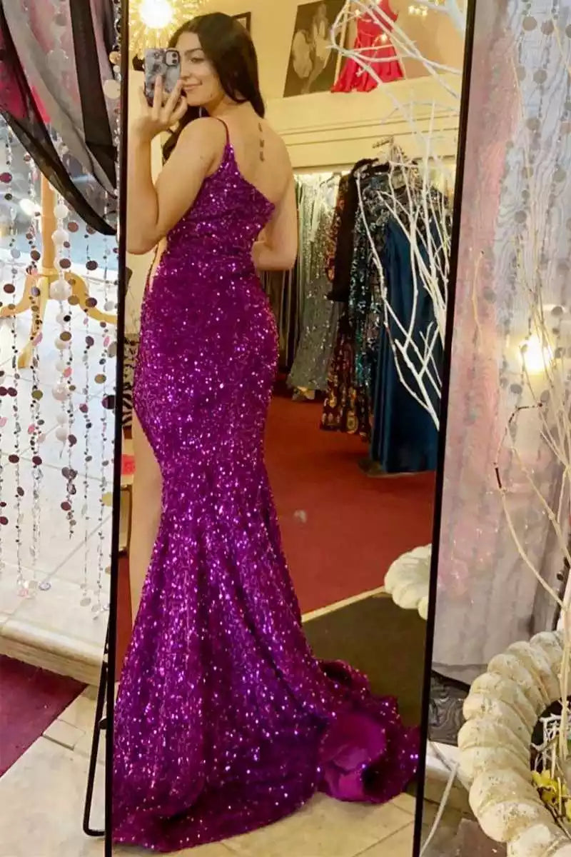 Dazzling Magenta Sequin Mermaid Gown with One-Shoulder Neckline & Cutout Detail