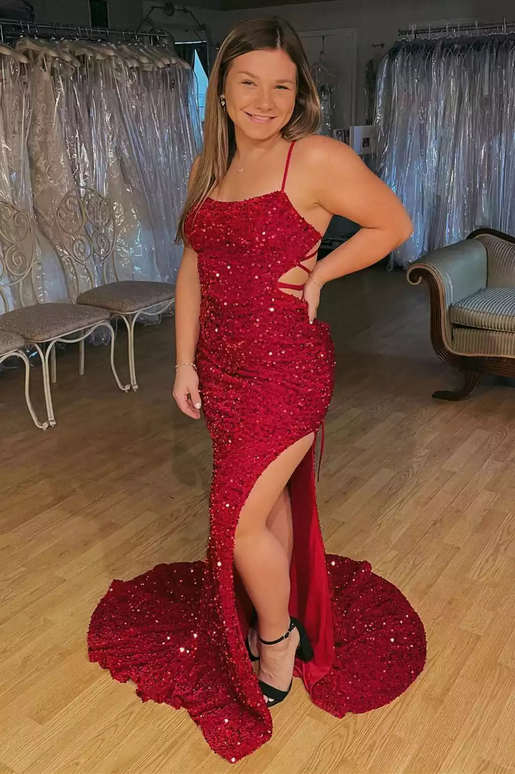 Dazzling Mermaid Spaghetti-Strap Crisscross-Back Slit Floor-Length Prom Gown