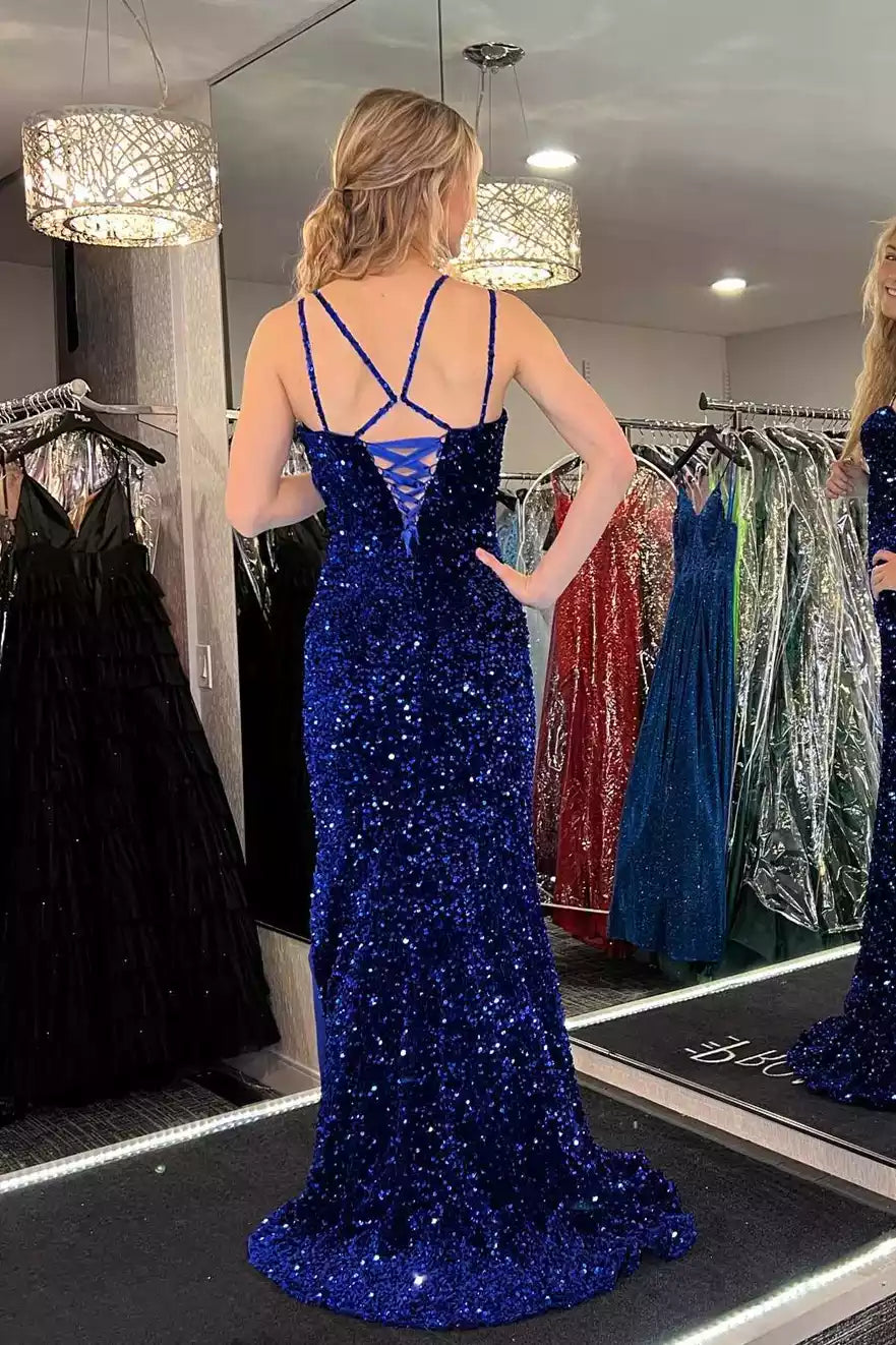 Dazzling Mermaid Spaghetti-Strap Lace-up-Back Slit Floor-Length Prom Gown