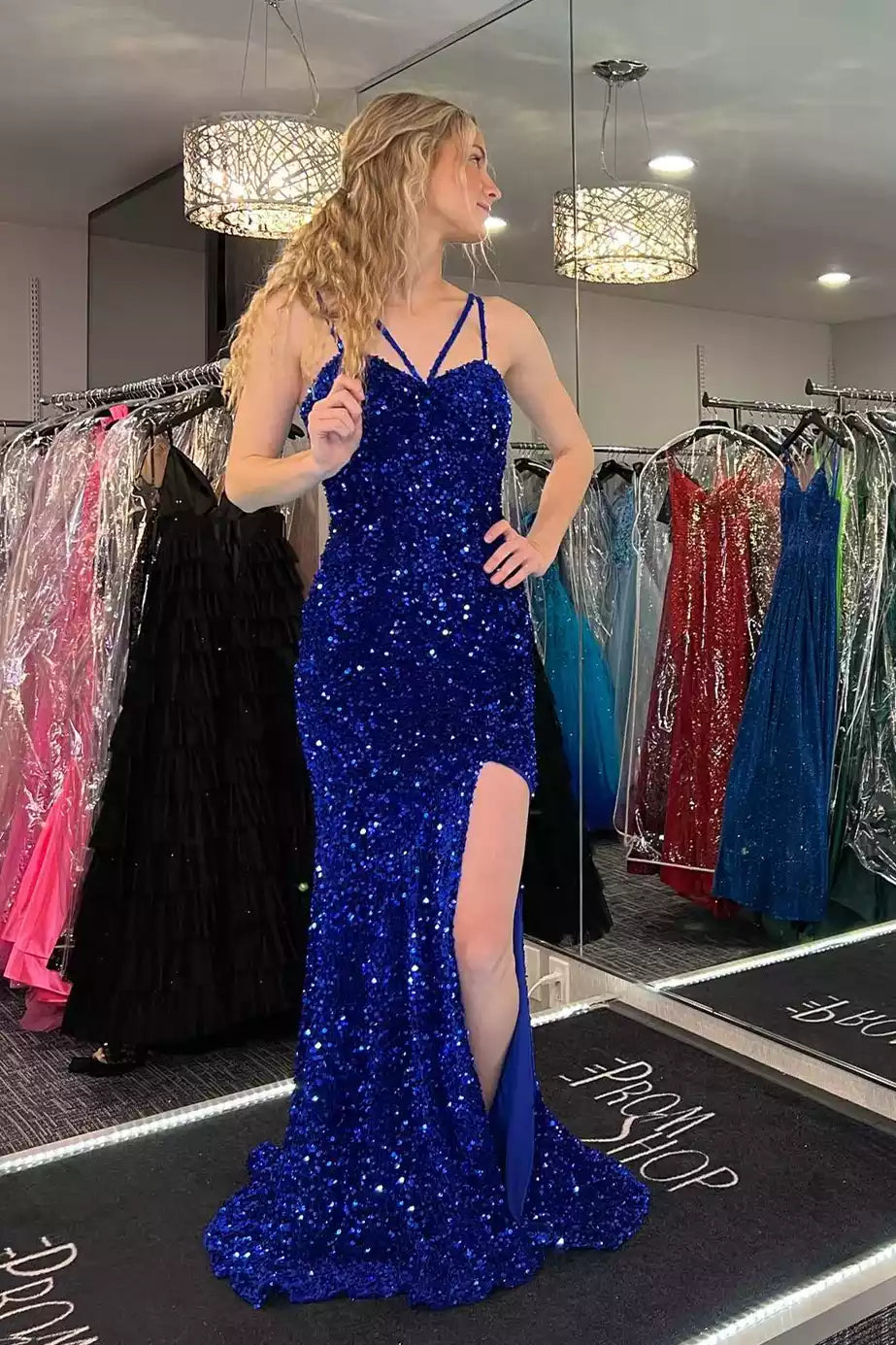Dazzling Mermaid Spaghetti-Strap Lace-up-Back Slit Floor-Length Prom Gown