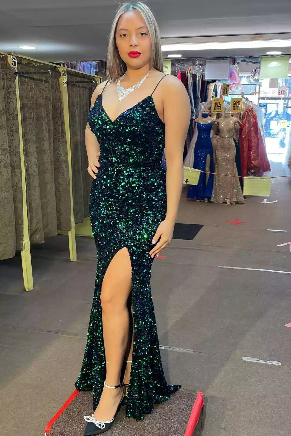 Dazzling Mermaid Spaghetti-Strap Ombre-Sequin Slit Floor-Length Prom Gown