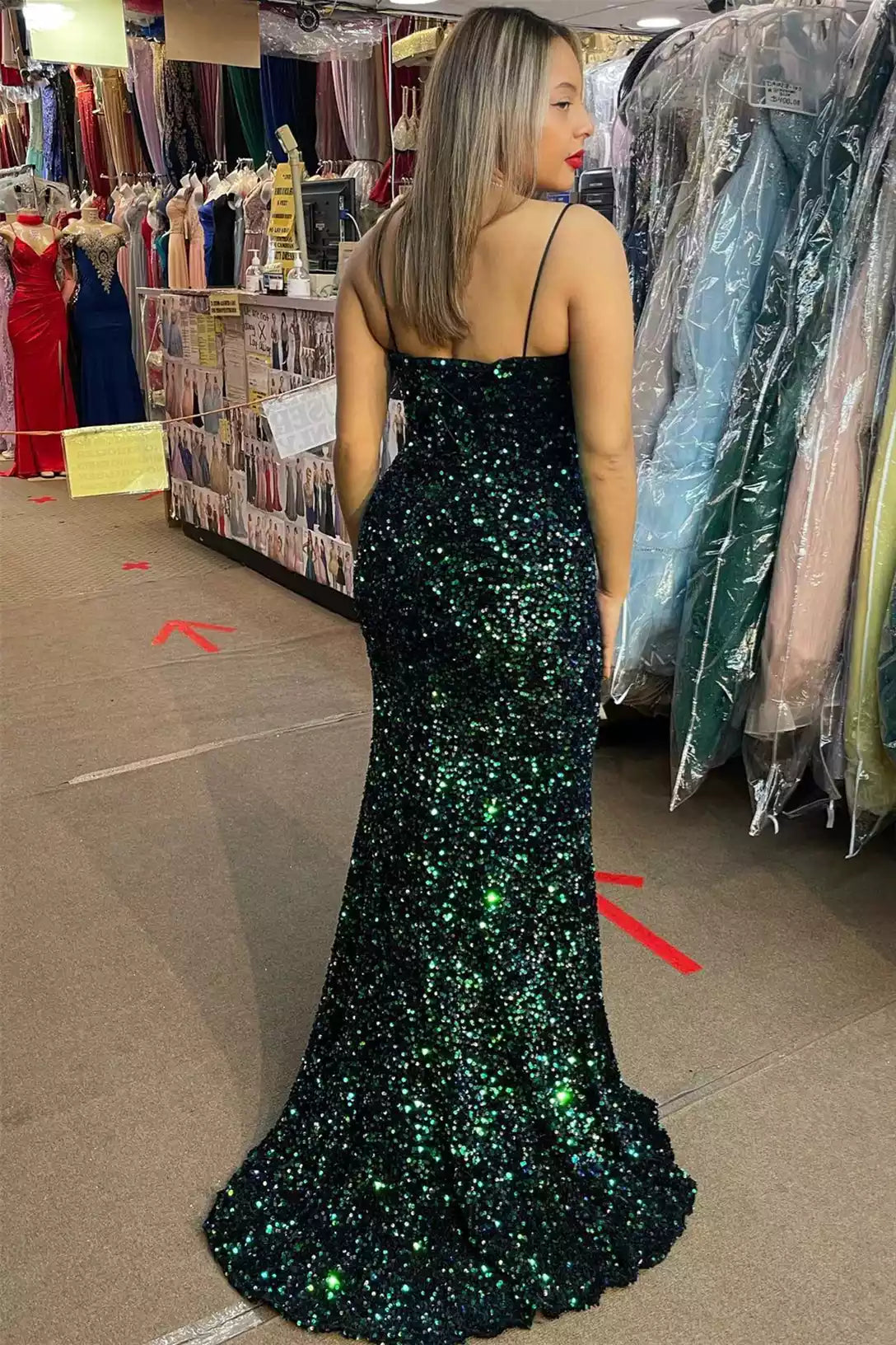 Dazzling Mermaid Spaghetti-Strap Ombre-Sequin Slit Floor-Length Prom Gown