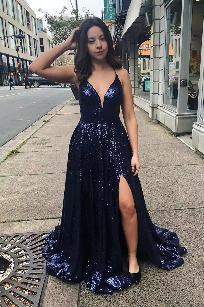 Dazzling Navy Sequin Gown with Plunging V-Neckline & Crisscross Lace-Up Back