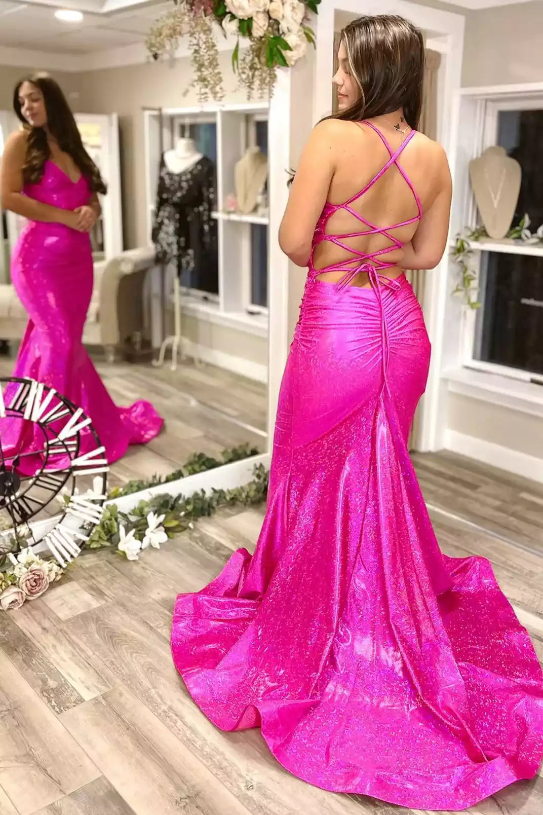Dazzling Neon Pink Sequin Mermaid Gown with Crisscross Back & Deep V-Neckline