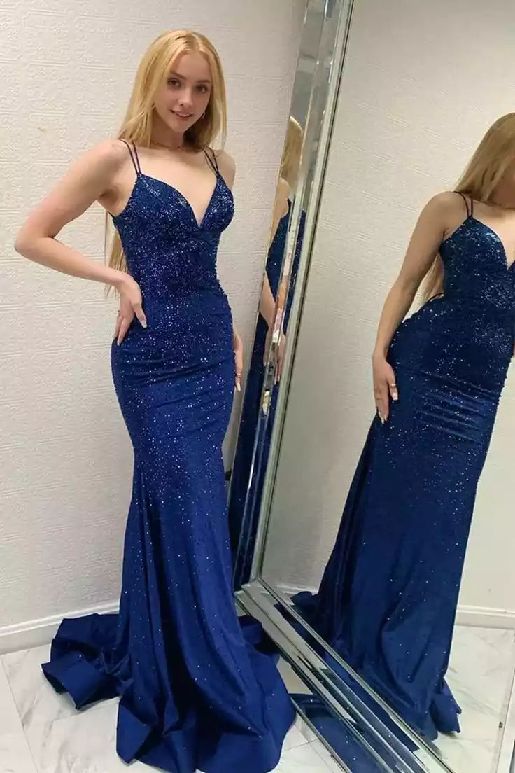 Dazzling Royal Blue Glitter Mermaid Gown with Plunging V-Neck & Cross-Back Lace-Up