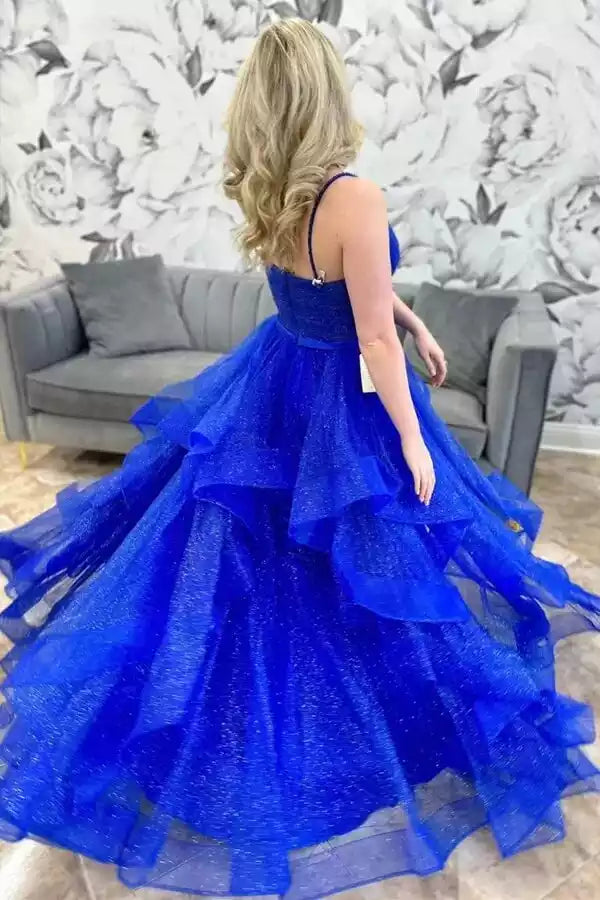 Dazzling Royal Blue Glitter Tulle Ballgown with Spaghetti Straps & Tiered Skirt