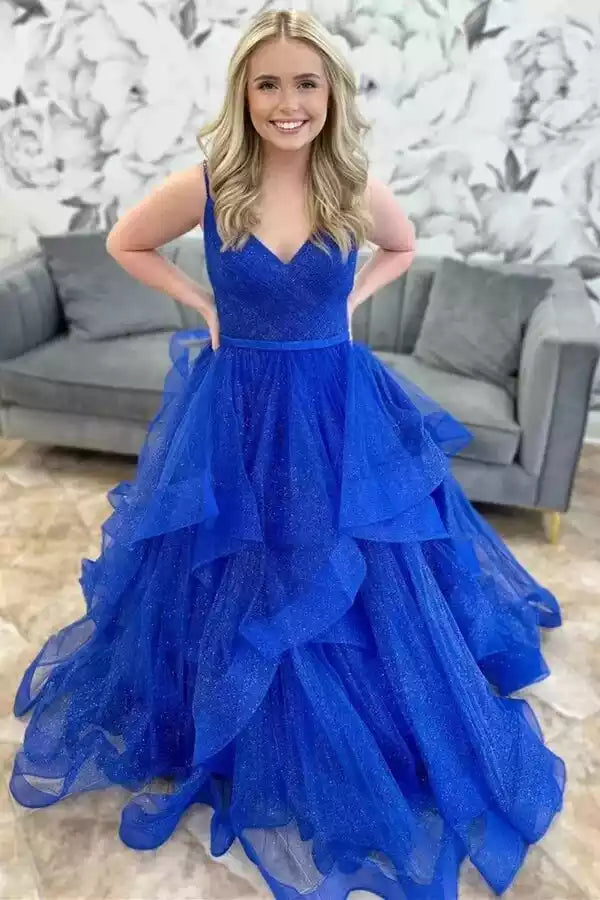 Dazzling Royal Blue Glitter Tulle Ballgown with Spaghetti Straps & Tiered Skirt