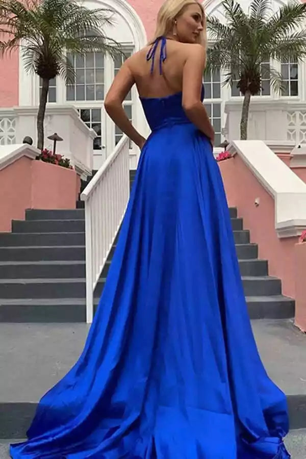 Dazzling Royal Blue Satin Ballgown with Halter Neck & High Slit