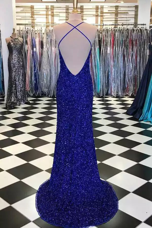 Dazzling Royal Blue Sequin Halter Gown with Open Back