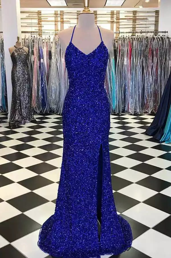 Dazzling Royal Blue Sequin Halter Gown with Open Back