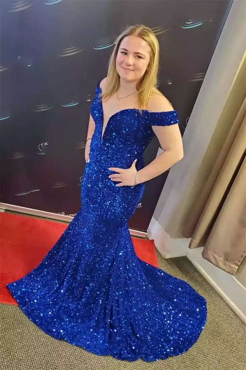 Dazzling Royal Blue Sequin Mermaid Gown with Off-the-Shoulder Neckline & Crisscross Back