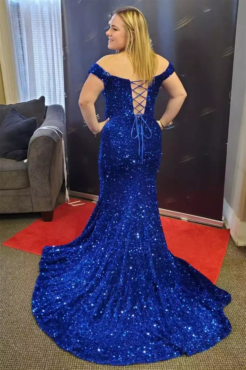 Dazzling Royal Blue Sequin Mermaid Gown with Off-the-Shoulder Neckline & Crisscross Back