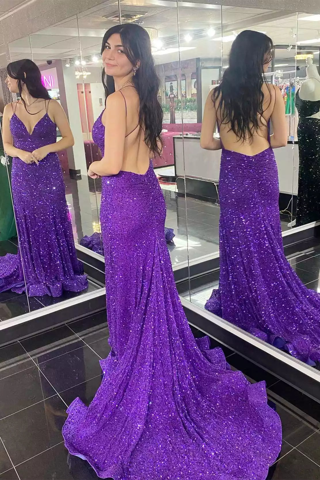 Dazzling Royal Purple Sequin Mermaid Gown with Deep V-Neckline & Open Back