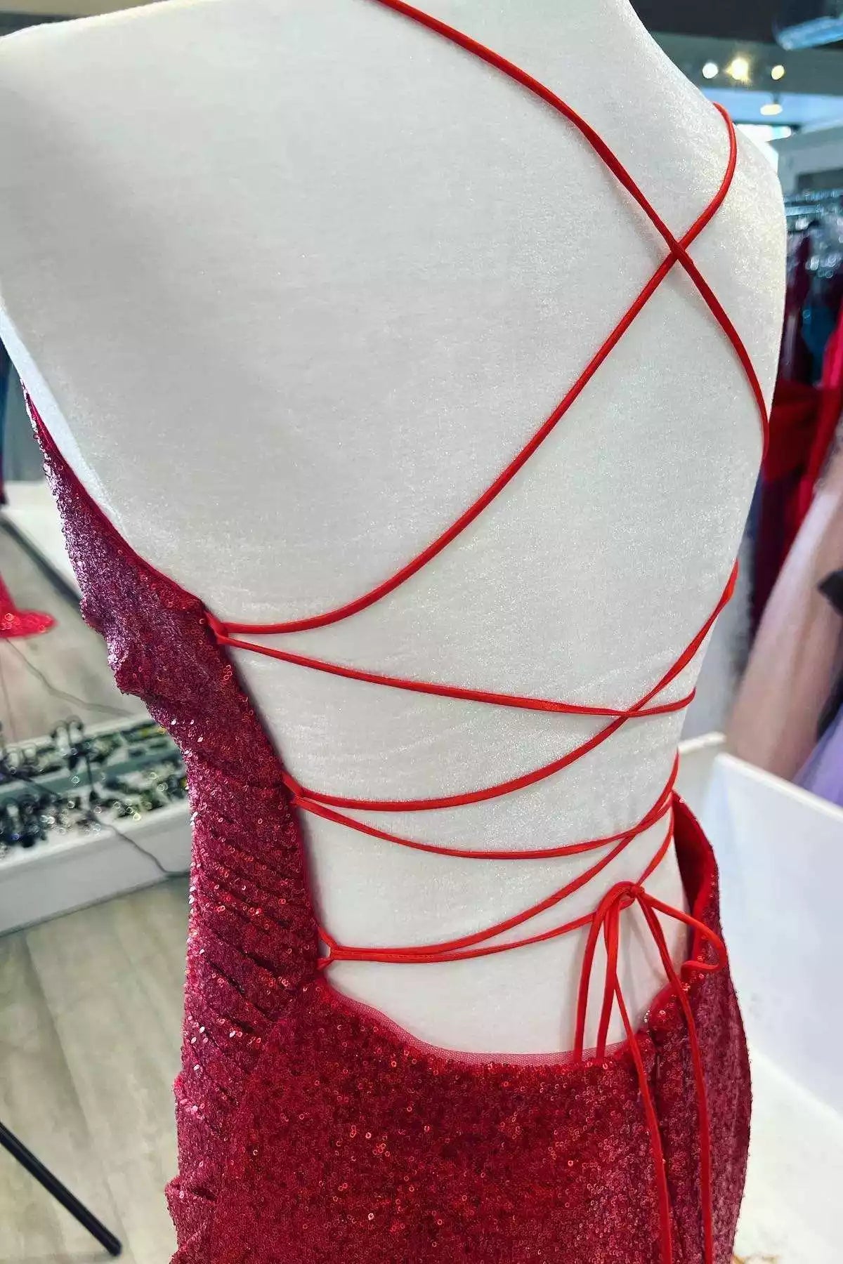 Dazzling Scarlet Sequin Mermaid Gown with Multi-Strap Crisscross Back
