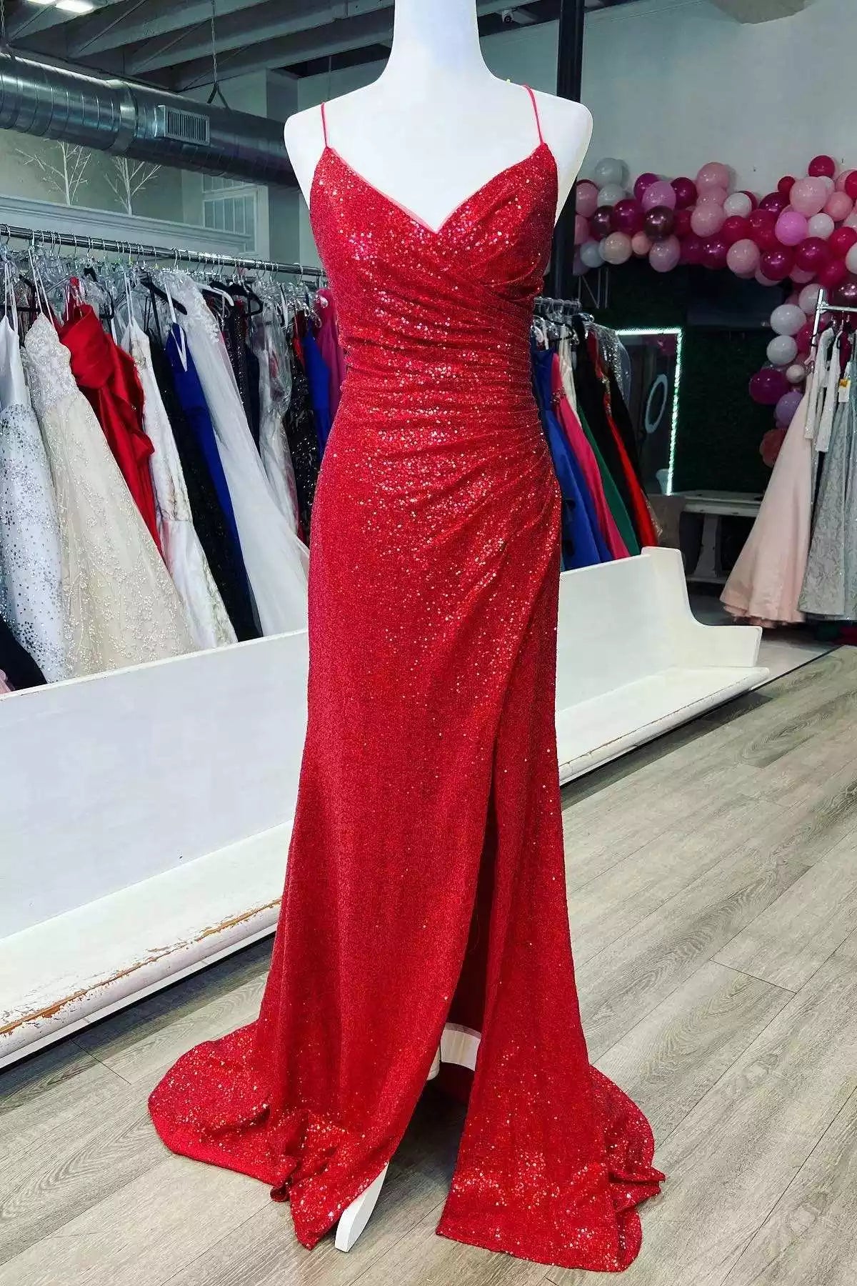 Dazzling Scarlet Sequin Mermaid Gown with Multi-Strap Crisscross Back