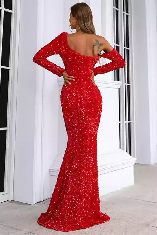 Dazzling Scarlet Sequin One-Shoulder Mermaid Gown with Cold-Shoulder Detail