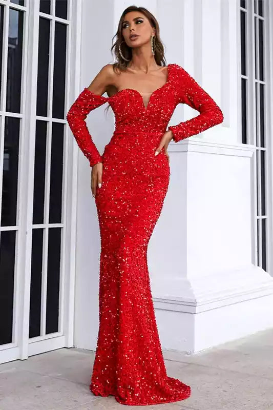 Dazzling Scarlet Sequin One-Shoulder Mermaid Gown with Cold-Shoulder Detail