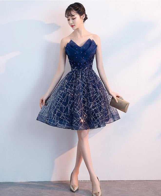 Dazzling Strapless Constellation Sequin Navy Blue Short Prom Dresses