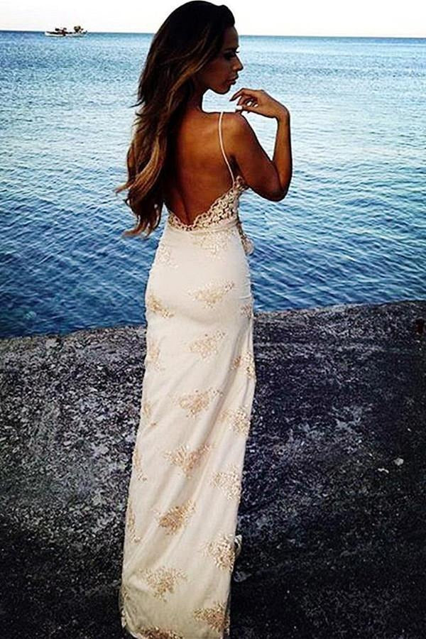 Deep V-Neck Backless Evening Dress with High Slit & Floral Embroidery