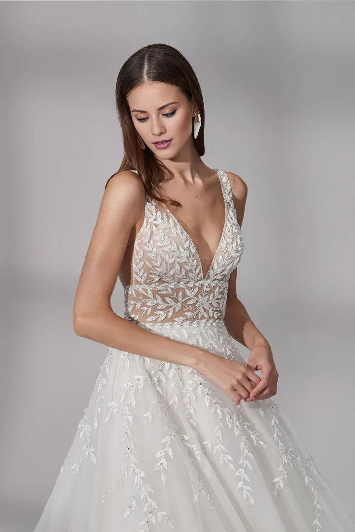 Deep V-Neck Ball Gown with Illusion Bodice Wedding Dresses