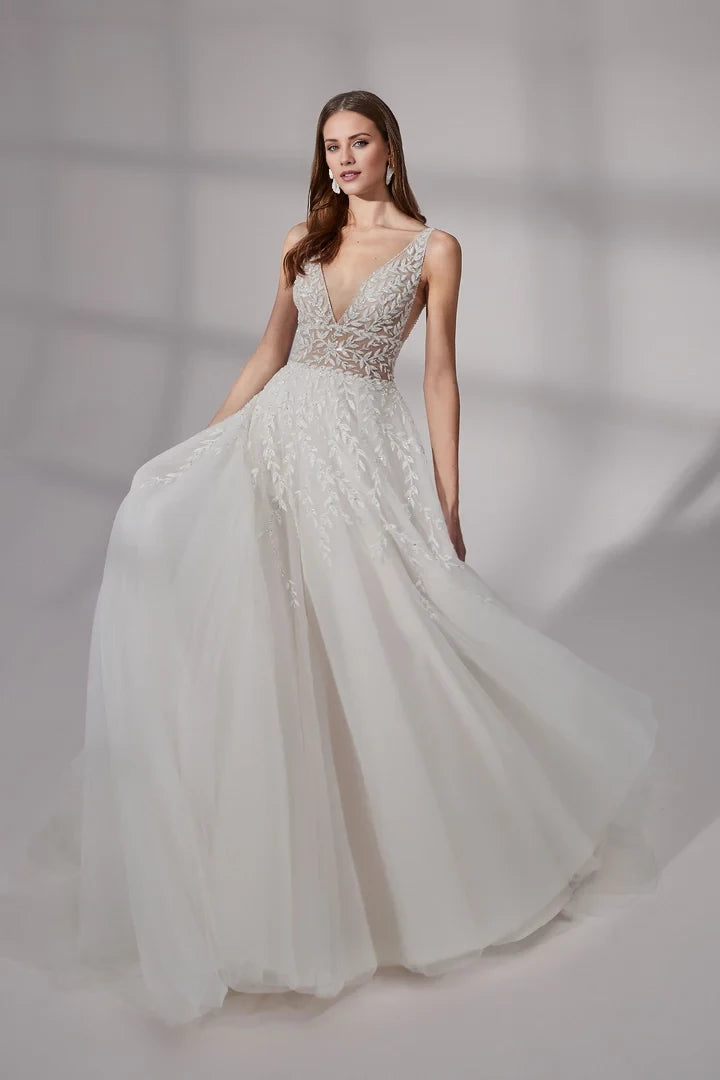 Deep V-Neck Ball Gown with Illusion Bodice Wedding Dresses