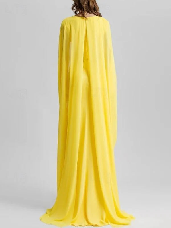 Deep V-Neck Chiffon Evening Dresses with Cape Sleeves, Flowy A-Line Skirt and Floor-Length Formal Gown