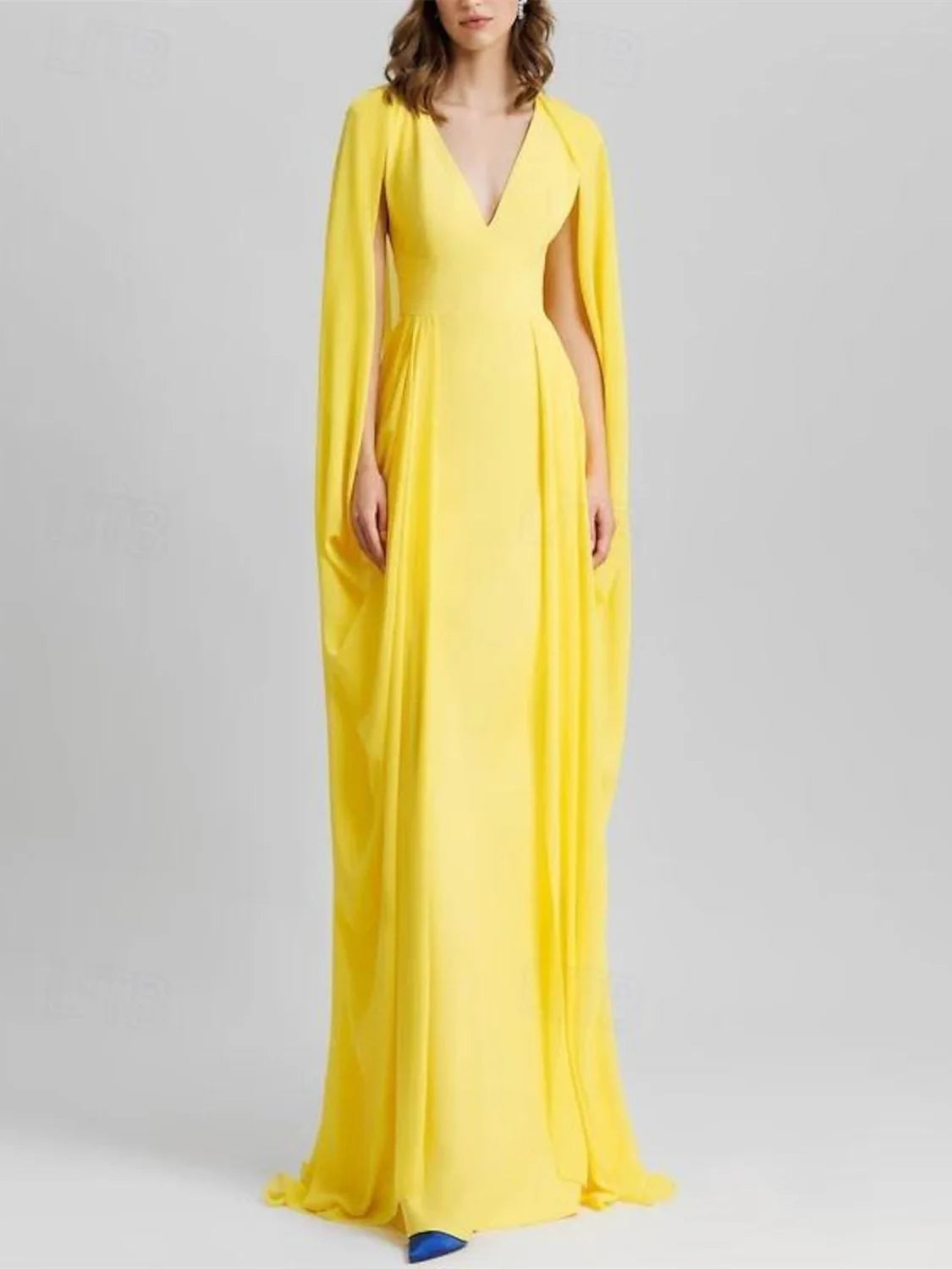 Deep V-Neck Chiffon Evening Dresses with Cape Sleeves, Flowy A-Line Skirt and Floor-Length Formal Gown