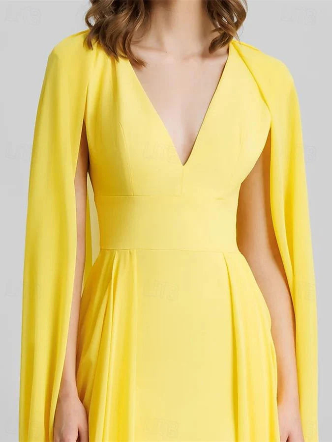 Deep V-Neck Chiffon Evening Dresses with Cape Sleeves, Flowy A-Line Skirt and Floor-Length Formal Gown