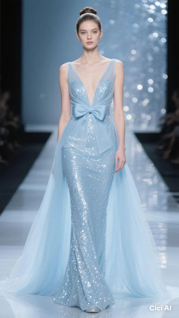 Deep V-Neck Evening Dress with Bow Waist & Overskirt