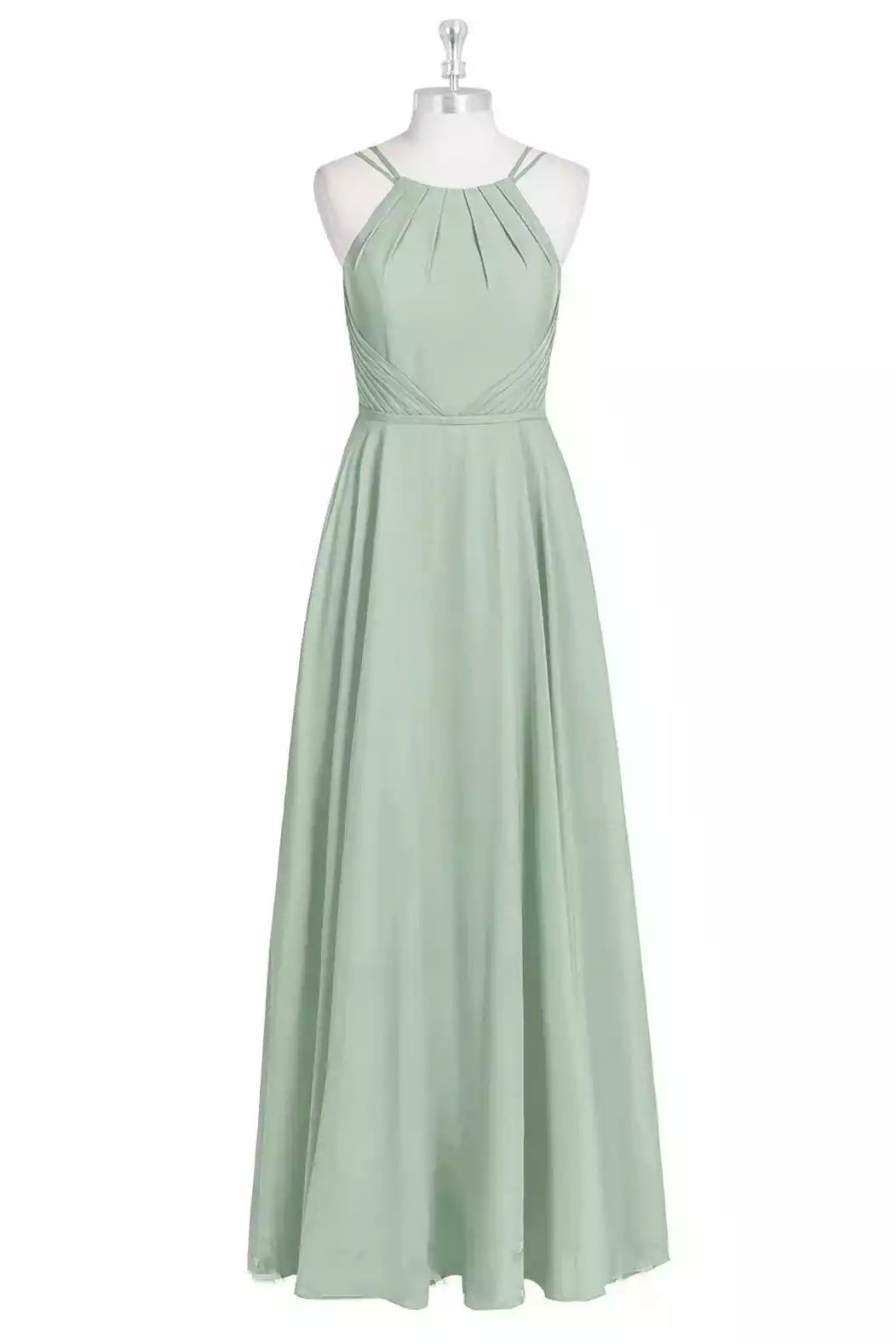 Delicate Sage Green Chiffon Gown with Halter Spaghetti Straps