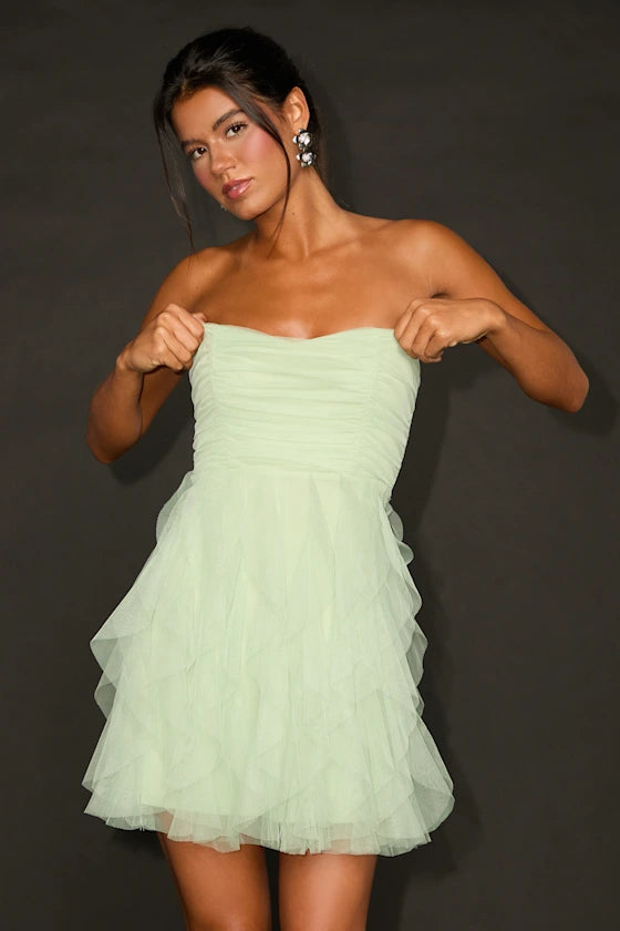 Delightful Beauty Mesh Strapless Ruffled Mini Dress Homecoming Dress
