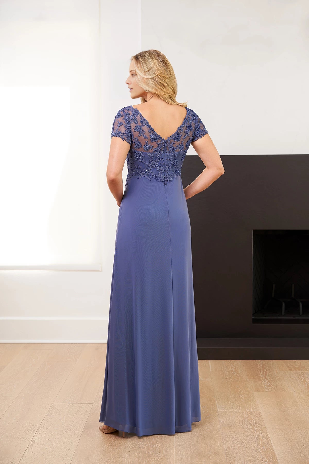 Divine Illusion and Embroidered Lace Fit and Flare Gown with V-Neckline and Short Sleeves with Lace and Hand Beading Mother of the Bride Dresses