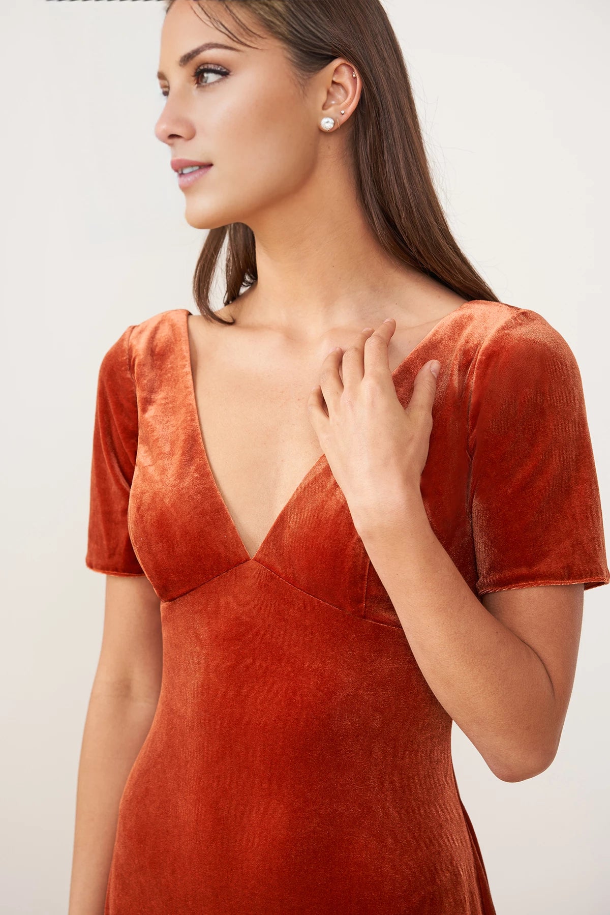 Divine Velvet Fit and Flare Gown with Plunging V-Neckline and classic Short Sleeves Bridesmaid Dresses