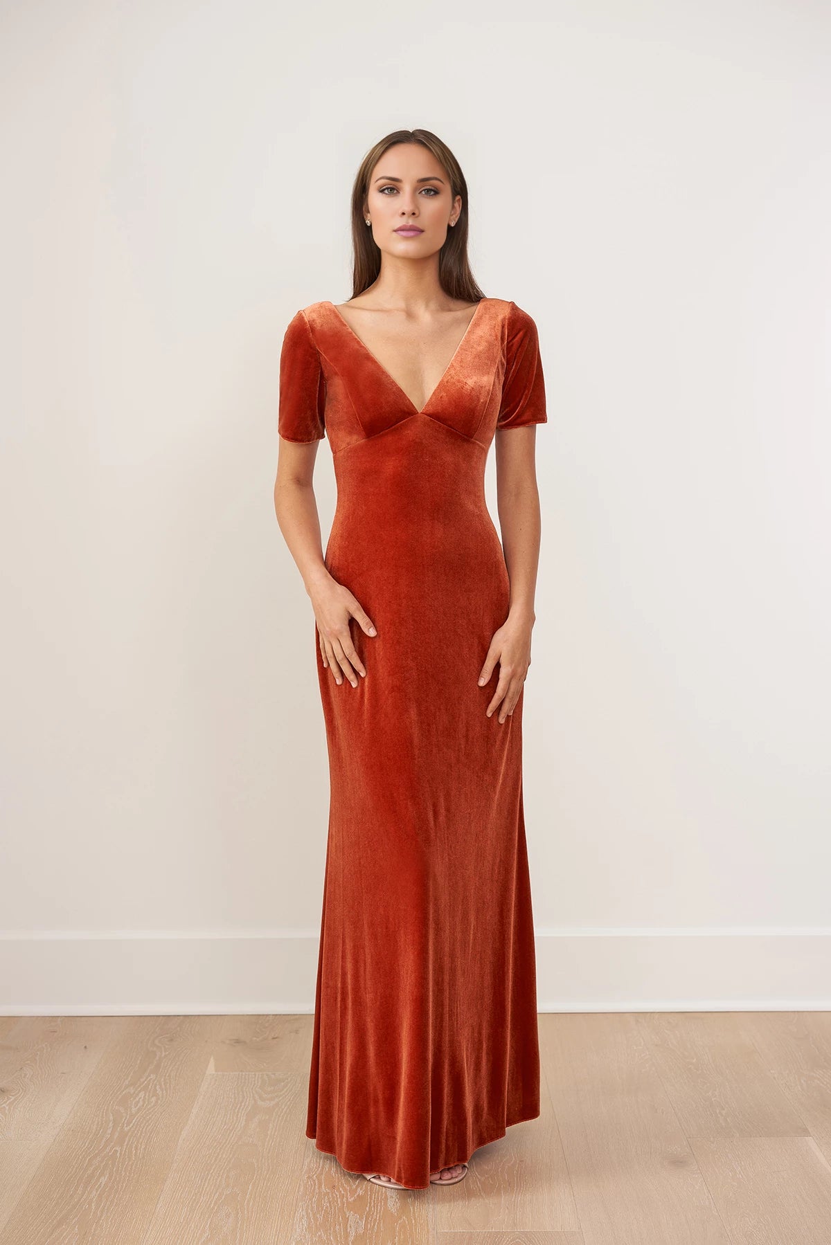 Divine Velvet Fit and Flare Gown with Plunging V-Neckline and classic Short Sleeves Bridesmaid Dresses