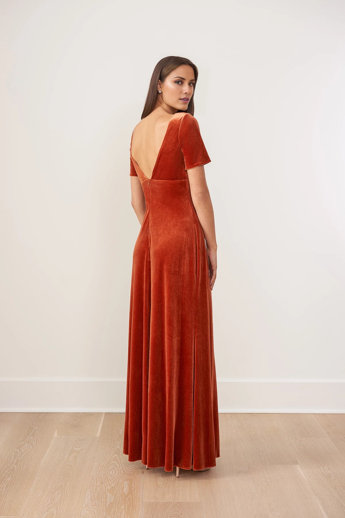 Divine Velvet Fit and Flare Gown with Plunging V-Neckline and classic Short Sleeves Bridesmaid Dresses
