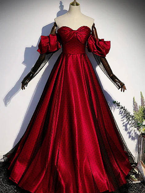 Dramatic Ballgown Cold-Shoulder Satin Polka-Dot Bow-Bodice Lace-Up Back Floor-Length Evening Dresses
